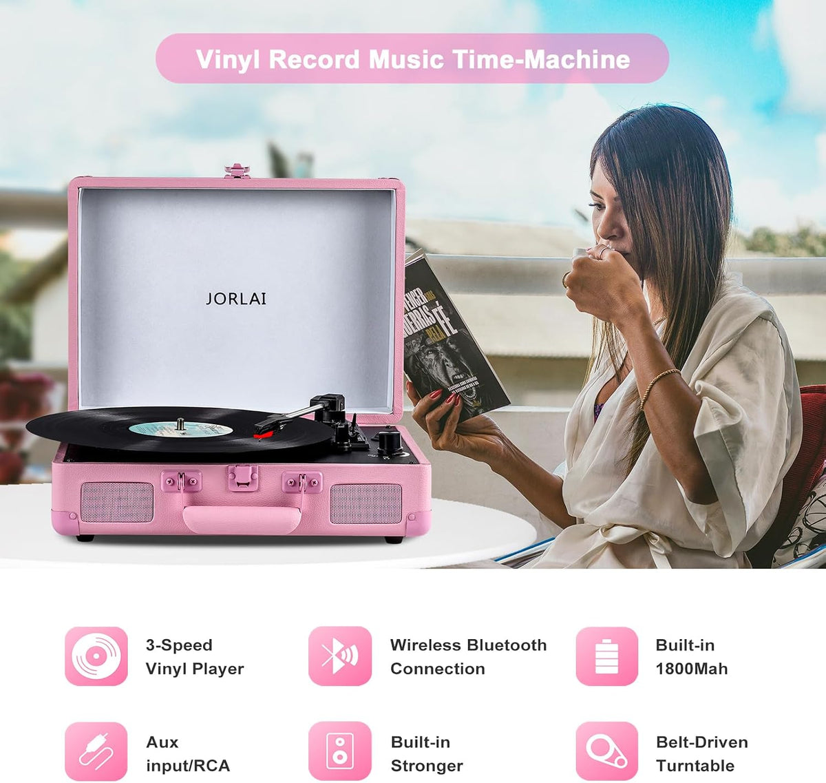 Pink Vinyl Record Player 3 Speeds Portable Suitcase Turntable with Built-in Dual Speakers, Bluetooth Gramophone with Built-in Battery 3.5mm Aux Input/RCA Output