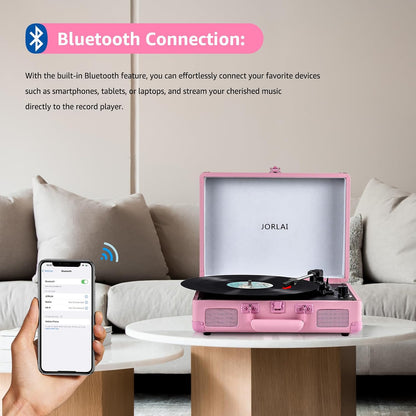 Pink Vinyl Record Player 3 Speeds Portable Suitcase Turntable with Built-in Dual Speakers, Bluetooth Gramophone with Built-in Battery 3.5mm Aux Input/RCA Output