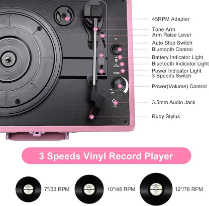 Pink Vinyl Record Player 3 Speeds Portable Suitcase Turntable with Built-in Dual Speakers, Bluetooth Gramophone with Built-in Battery 3.5mm Aux Input/RCA Output