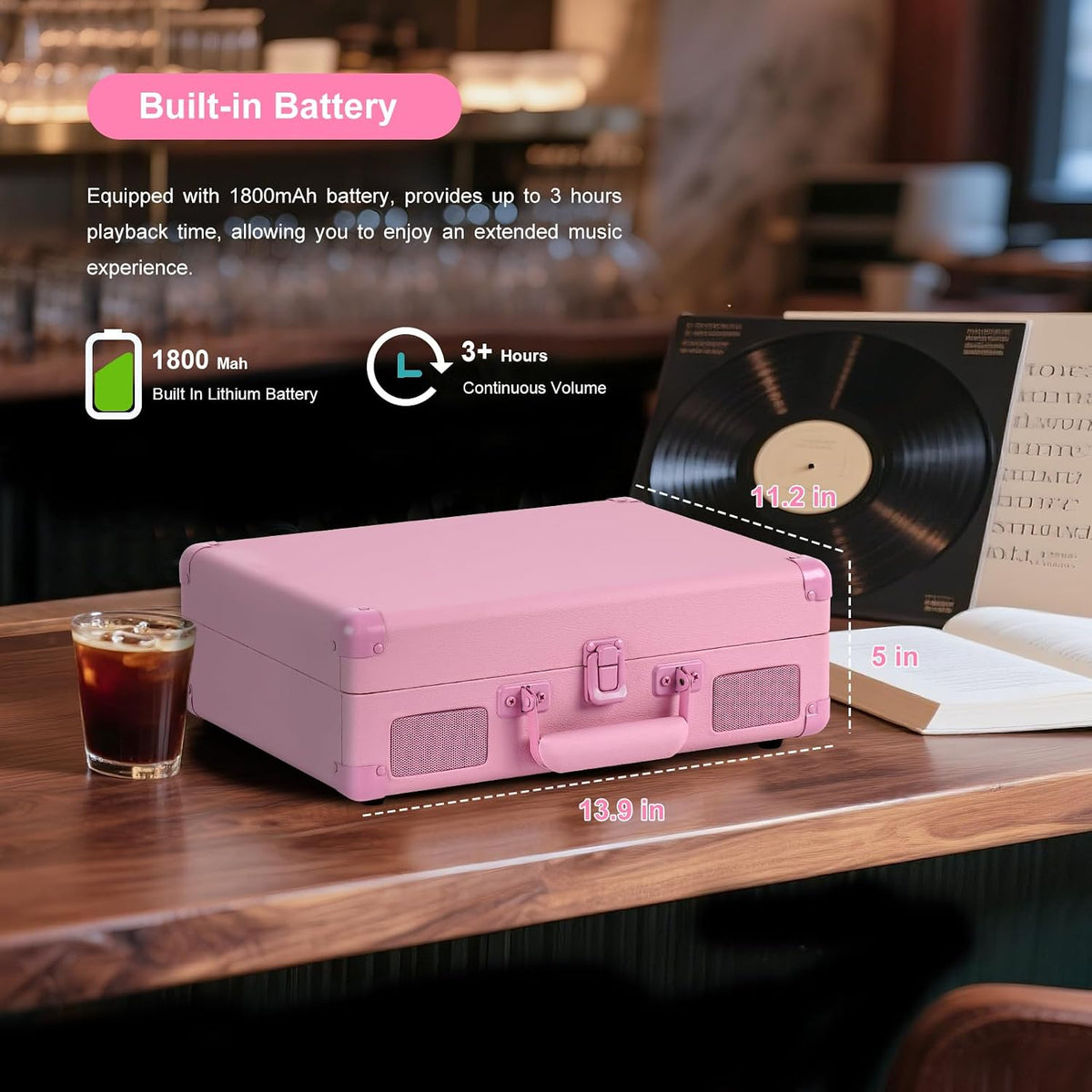 Pink Vinyl Record Player 3 Speeds Portable Suitcase Turntable with Built-in Dual Speakers, Bluetooth Gramophone with Built-in Battery 3.5mm Aux Input/RCA Output