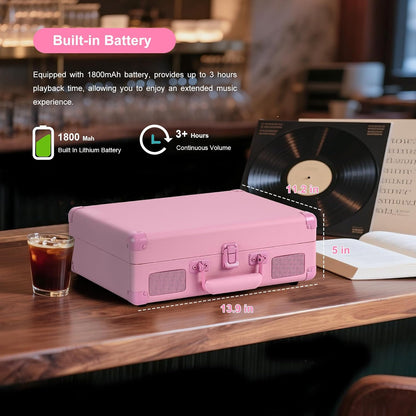 Pink Vinyl Record Player 3 Speeds Portable Suitcase Turntable with Built-in Dual Speakers, Bluetooth Gramophone with Built-in Battery 3.5mm Aux Input/RCA Output