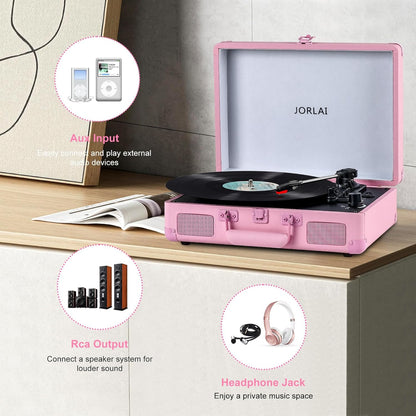 Pink Vinyl Record Player 3 Speeds Portable Suitcase Turntable with Built-in Dual Speakers, Bluetooth Gramophone with Built-in Battery 3.5mm Aux Input/RCA Output