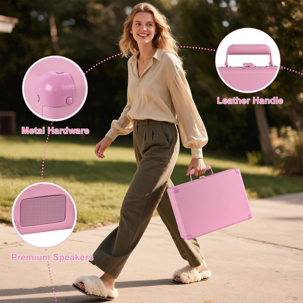Pink Vinyl Record Player 3 Speeds Portable Suitcase Turntable with Built-in Dual Speakers, Bluetooth Gramophone with Built-in Battery 3.5mm Aux Input/RCA Output