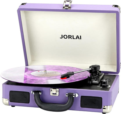 Pink Vinyl Record Player 3 Speeds Portable Suitcase Turntable with Built-in Dual Speakers, Bluetooth Gramophone with Built-in Battery 3.5mm Aux Input/RCA Output