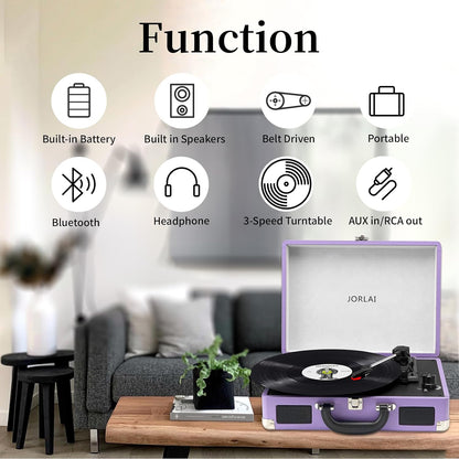 Pink Vinyl Record Player 3 Speeds Portable Suitcase Turntable with Built-in Dual Speakers, Bluetooth Gramophone with Built-in Battery 3.5mm Aux Input/RCA Output