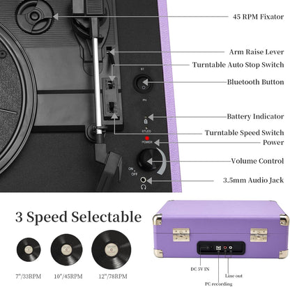 Pink Vinyl Record Player 3 Speeds Portable Suitcase Turntable with Built-in Dual Speakers, Bluetooth Gramophone with Built-in Battery 3.5mm Aux Input/RCA Output