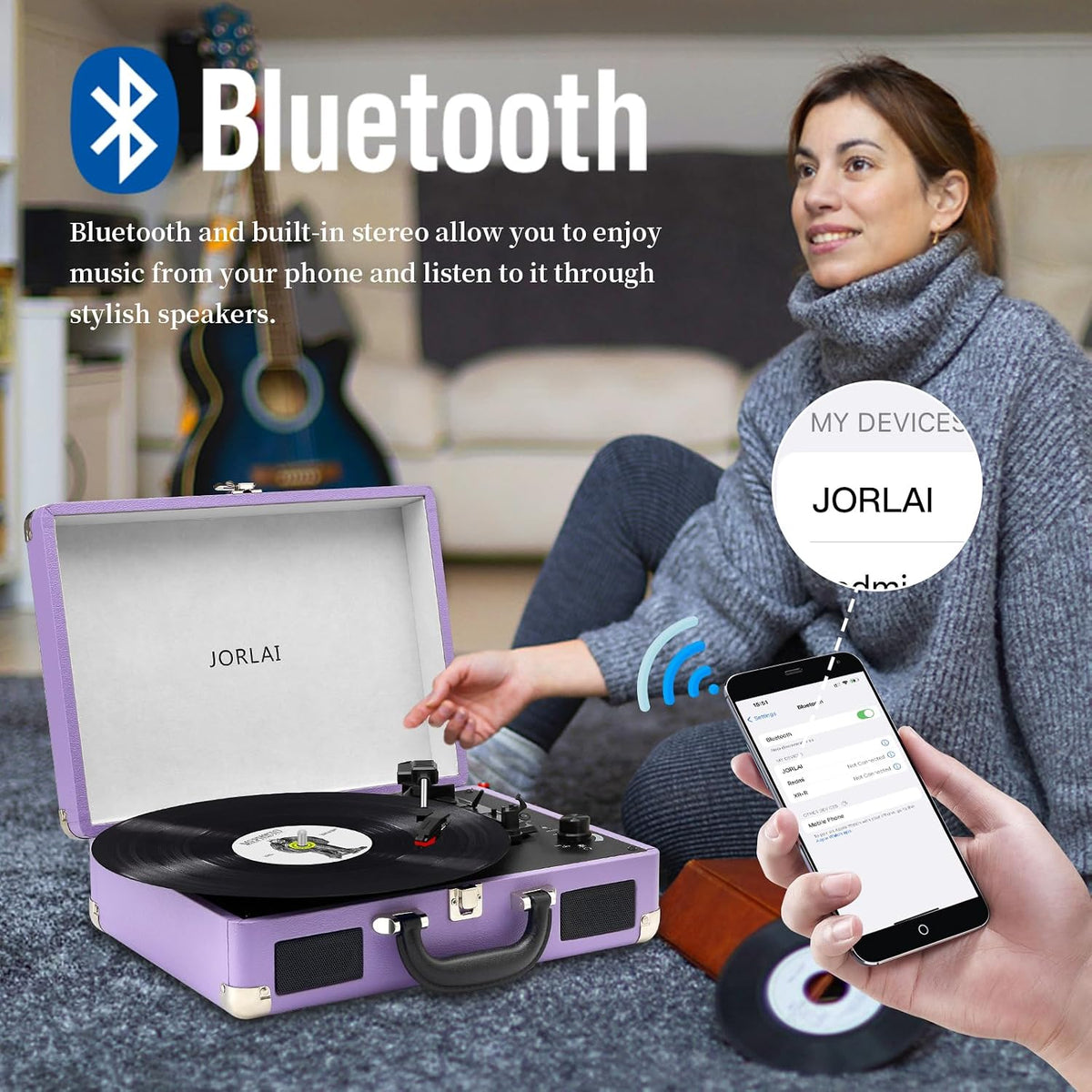 Pink Vinyl Record Player 3 Speeds Portable Suitcase Turntable with Built-in Dual Speakers, Bluetooth Gramophone with Built-in Battery 3.5mm Aux Input/RCA Output