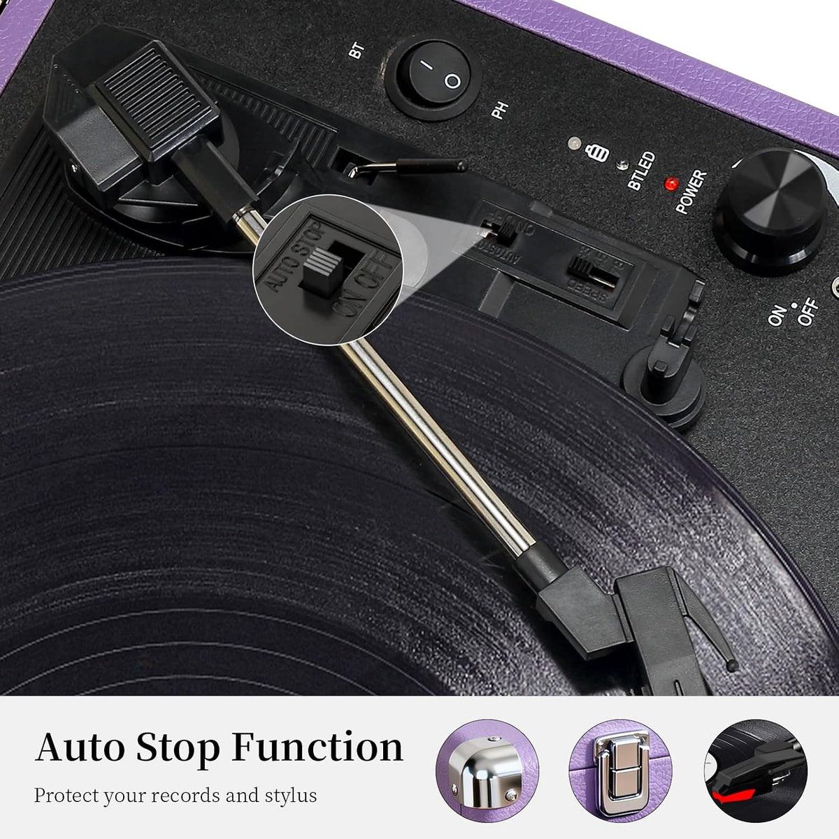 Pink Vinyl Record Player 3 Speeds Portable Suitcase Turntable with Built-in Dual Speakers, Bluetooth Gramophone with Built-in Battery 3.5mm Aux Input/RCA Output