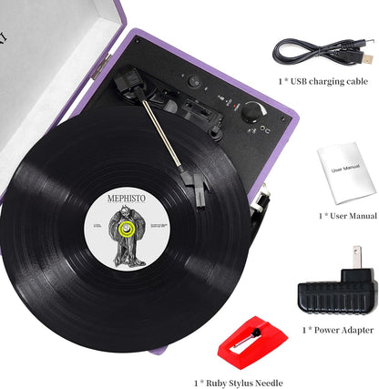 Pink Vinyl Record Player 3 Speeds Portable Suitcase Turntable with Built-in Dual Speakers, Bluetooth Gramophone with Built-in Battery 3.5mm Aux Input/RCA Output