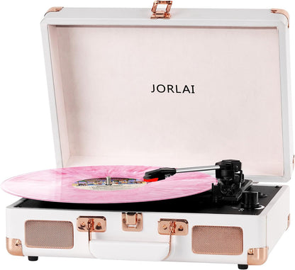 Pink Vinyl Record Player 3 Speeds Portable Suitcase Turntable with Built-in Dual Speakers, Bluetooth Gramophone with Built-in Battery 3.5mm Aux Input/RCA Output