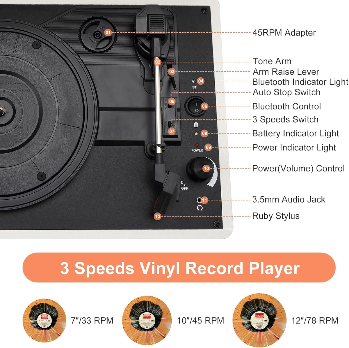 Pink Vinyl Record Player 3 Speeds Portable Suitcase Turntable with Built-in Dual Speakers, Bluetooth Gramophone with Built-in Battery 3.5mm Aux Input/RCA Output