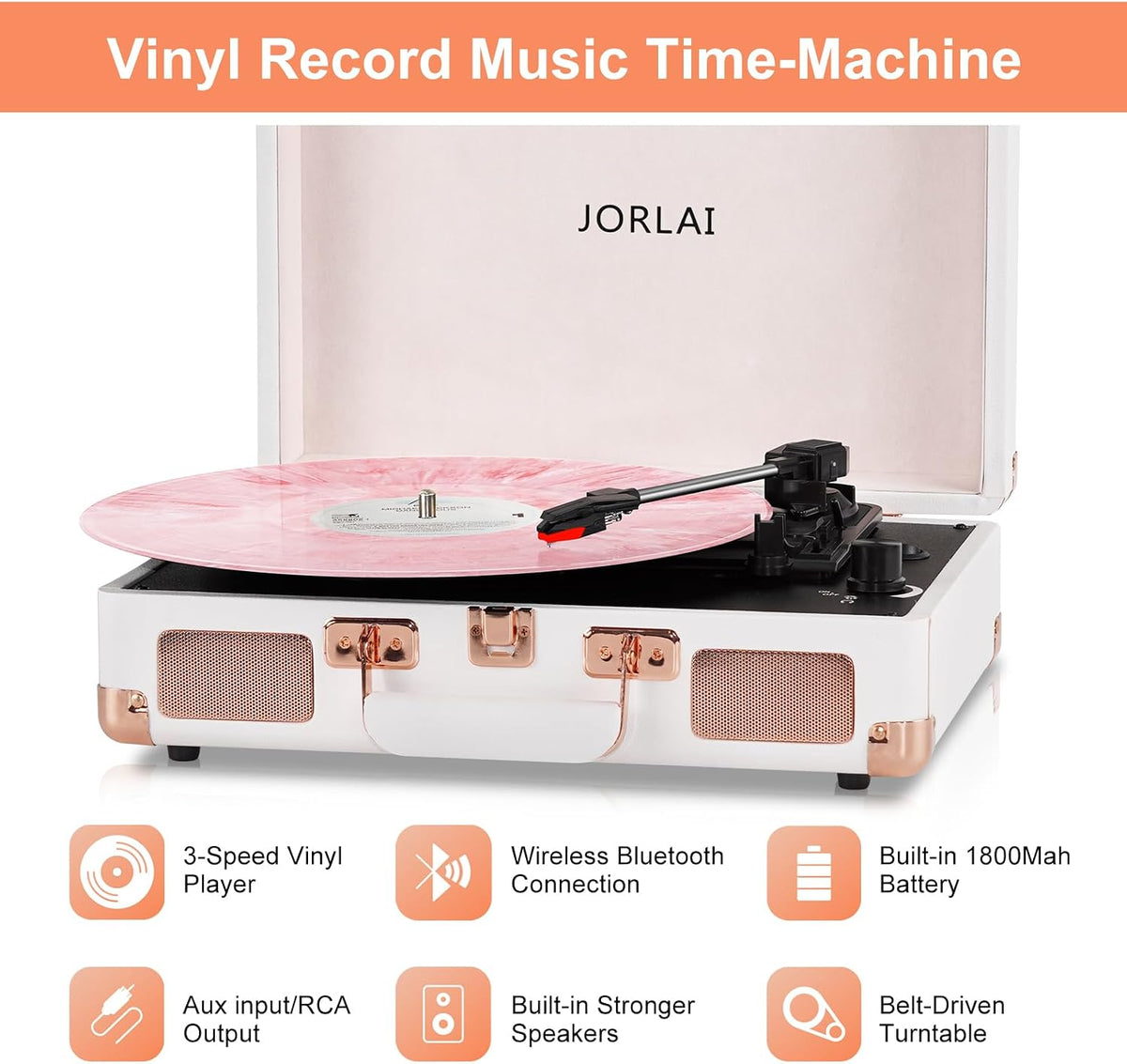 Pink Vinyl Record Player 3 Speeds Portable Suitcase Turntable with Built-in Dual Speakers, Bluetooth Gramophone with Built-in Battery 3.5mm Aux Input/RCA Output