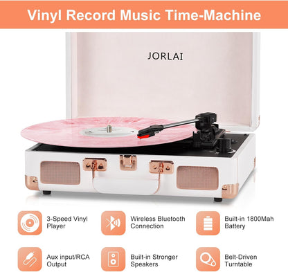 Pink Vinyl Record Player 3 Speeds Portable Suitcase Turntable with Built-in Dual Speakers, Bluetooth Gramophone with Built-in Battery 3.5mm Aux Input/RCA Output