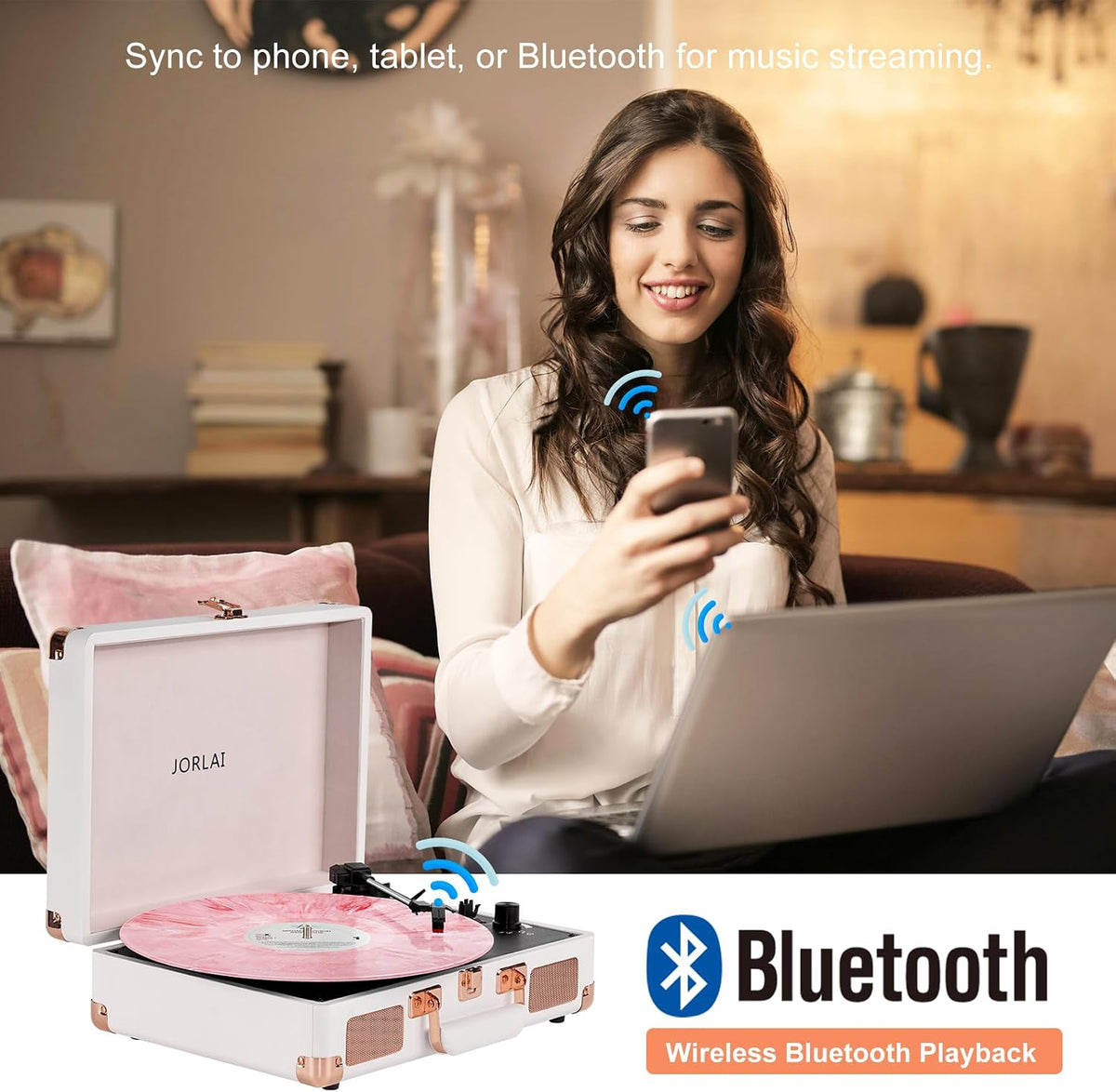 Pink Vinyl Record Player 3 Speeds Portable Suitcase Turntable with Built-in Dual Speakers, Bluetooth Gramophone with Built-in Battery 3.5mm Aux Input/RCA Output