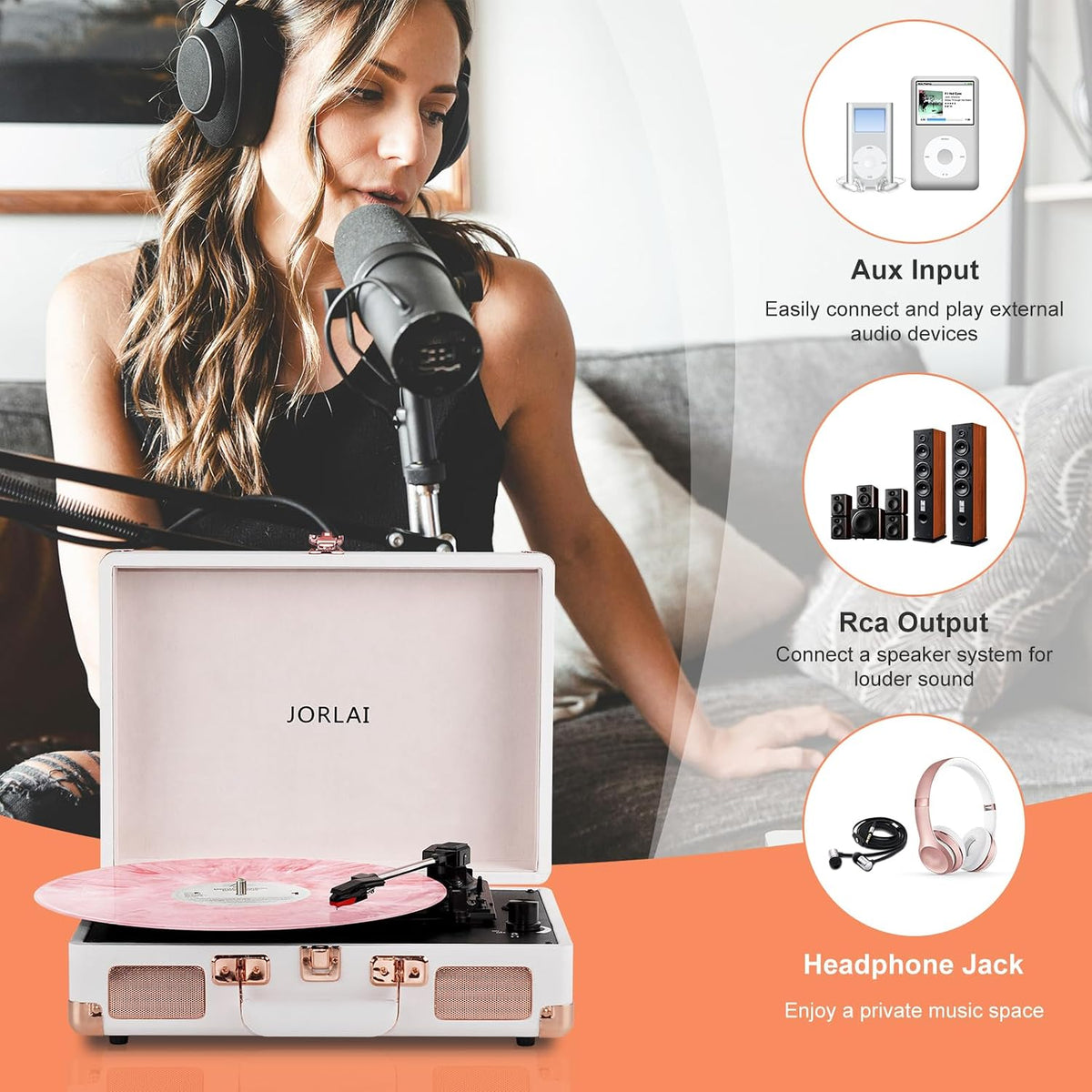 Pink Vinyl Record Player 3 Speeds Portable Suitcase Turntable with Built-in Dual Speakers, Bluetooth Gramophone with Built-in Battery 3.5mm Aux Input/RCA Output