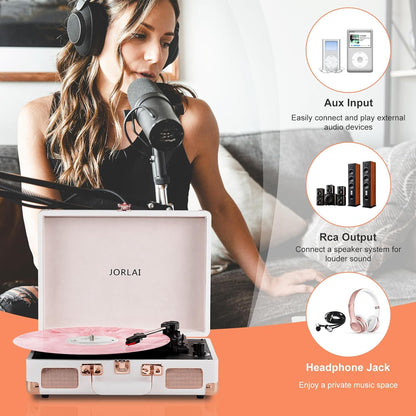 Pink Vinyl Record Player 3 Speeds Portable Suitcase Turntable with Built-in Dual Speakers, Bluetooth Gramophone with Built-in Battery 3.5mm Aux Input/RCA Output