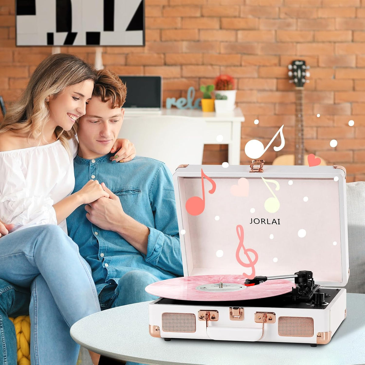 Pink Vinyl Record Player 3 Speeds Portable Suitcase Turntable with Built-in Dual Speakers, Bluetooth Gramophone with Built-in Battery 3.5mm Aux Input/RCA Output