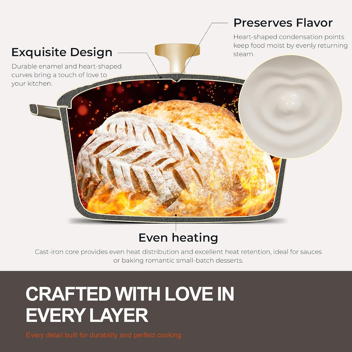 Enameled Cast Iron Dutch Oven - 2QT Heart-Shaped Mini Pot with Lid