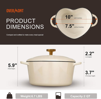 Enameled Cast Iron Dutch Oven - 2QT Heart-Shaped Mini Pot with Lid