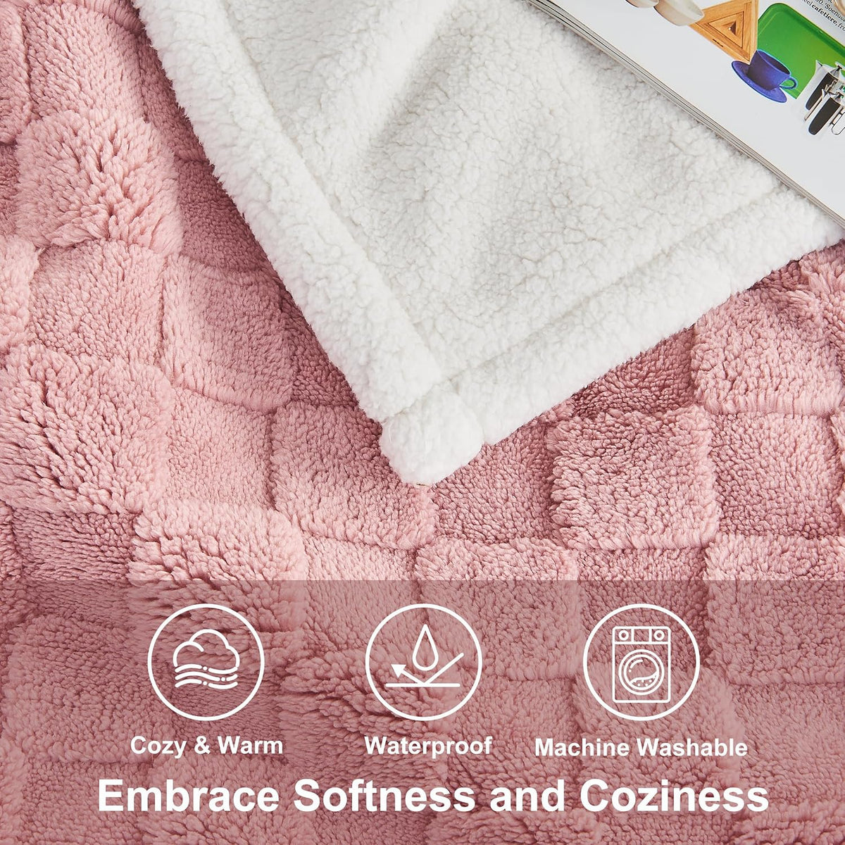 Checkered Waterproof Blanket for Bed Couch, Dusty Pink, 50"x60"