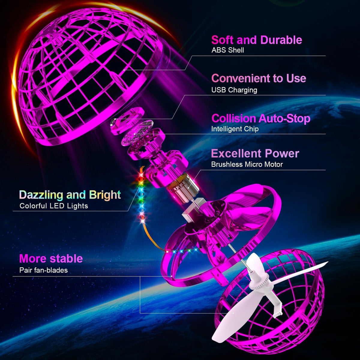 Ivtivfu Flying Orb Ball (Pink, 2026 Upgraded) with Dazzling Lights, Magic Hover Spinner, Boomerang Drone, Floating Cosmic Globe, Kids Outdoor Toys for 6 7 8 9 10 Year Old Boys Girls