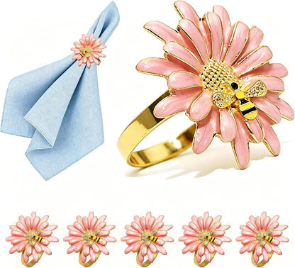 Sunflower Napkin Rings Set of 6 Pink Daisy Napkin Ring Holder for Spring Party Wedding Holiday Gatherings Dining Decor,Bee Flower Napkin Buckles for Rustic Farmhouse Daliy Table Setting