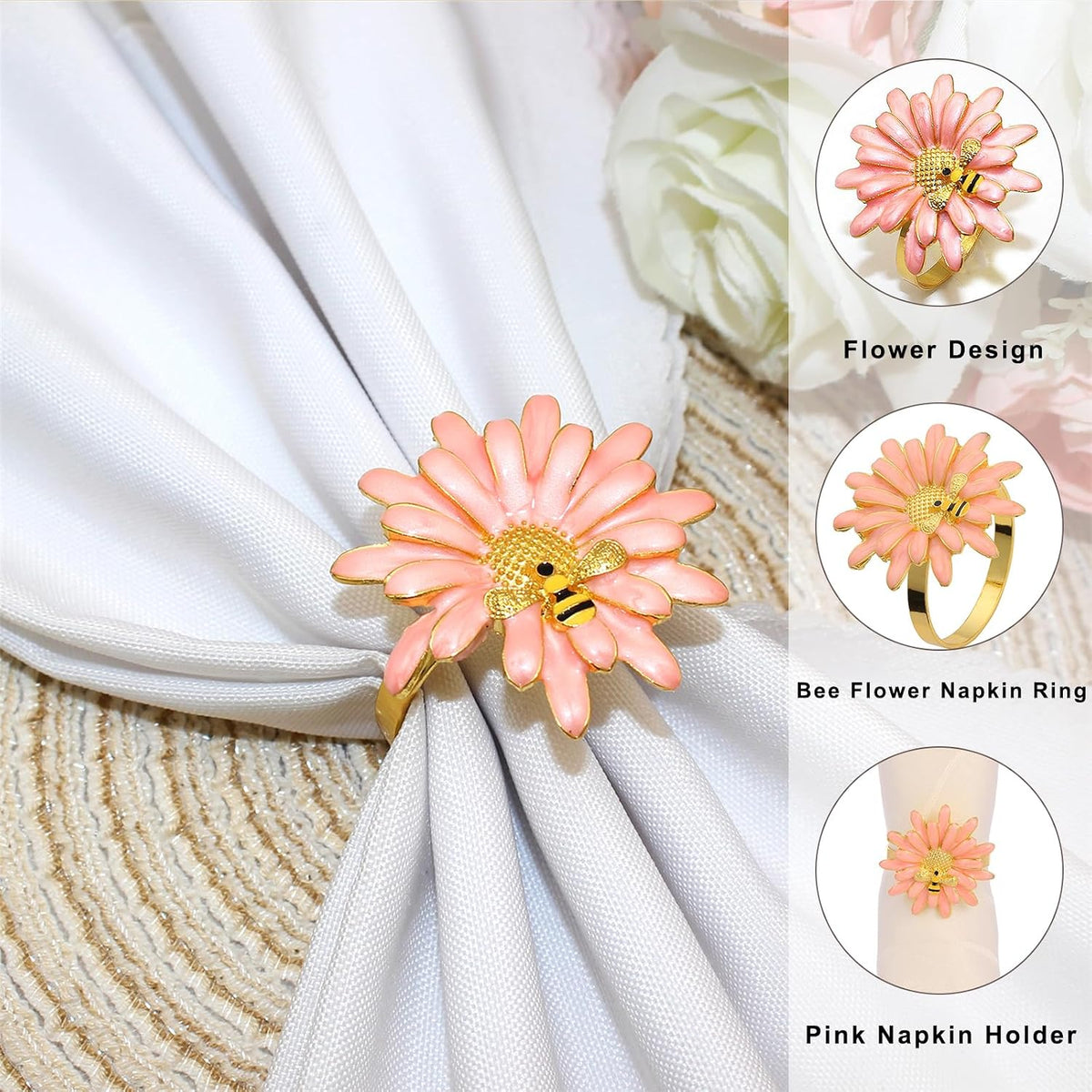 Sunflower Napkin Rings Set of 6 Pink Daisy Napkin Ring Holder for Spring Party Wedding Holiday Gatherings Dining Decor,Bee Flower Napkin Buckles for Rustic Farmhouse Daliy Table Setting