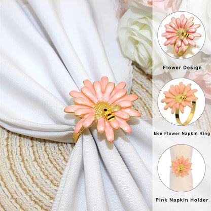 Sunflower Napkin Rings Set of 6 Pink Daisy Napkin Ring Holder for Spring Party Wedding Holiday Gatherings Dining Decor,Bee Flower Napkin Buckles for Rustic Farmhouse Daliy Table Setting