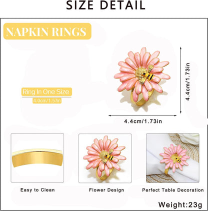 Sunflower Napkin Rings Set of 6 Pink Daisy Napkin Ring Holder for Spring Party Wedding Holiday Gatherings Dining Decor,Bee Flower Napkin Buckles for Rustic Farmhouse Daliy Table Setting