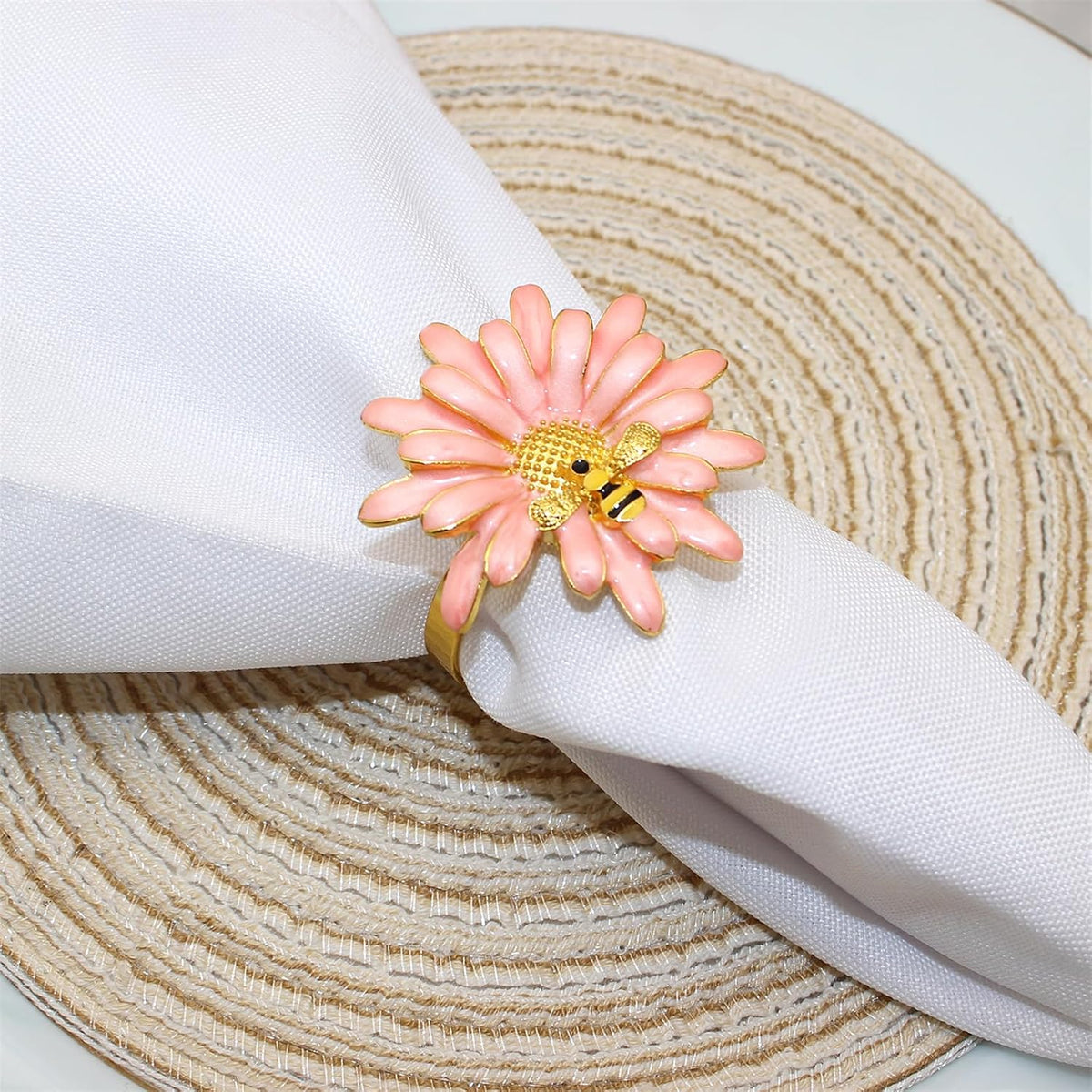 Sunflower Napkin Rings Set of 6 Pink Daisy Napkin Ring Holder for Spring Party Wedding Holiday Gatherings Dining Decor,Bee Flower Napkin Buckles for Rustic Farmhouse Daliy Table Setting