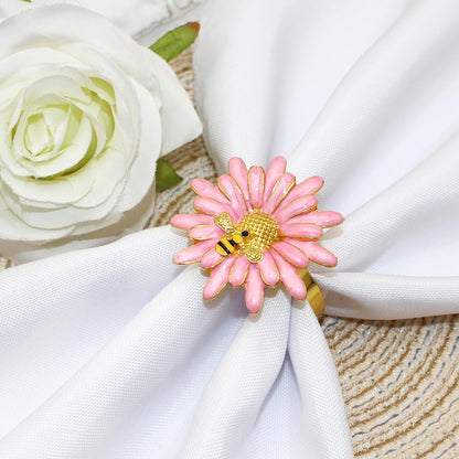 Sunflower Napkin Rings Set of 6 Pink Daisy Napkin Ring Holder for Spring Party Wedding Holiday Gatherings Dining Decor,Bee Flower Napkin Buckles for Rustic Farmhouse Daliy Table Setting