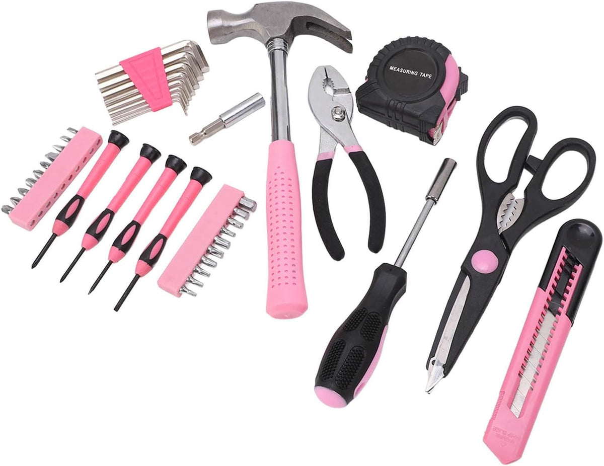 39 Piece Household Tool Kit for Maintenance and Repair - Pink and Black Hand Tool Set Including Claw Hammer Screwdriver Hex Wrench Pliers Tape Measure and Utility Knife with