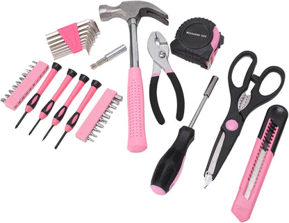 39 Piece Household Tool Kit for Maintenance and Repair - Pink and Black Hand Tool Set Including Claw Hammer Screwdriver Hex Wrench Pliers Tape Measure and Utility Knife with