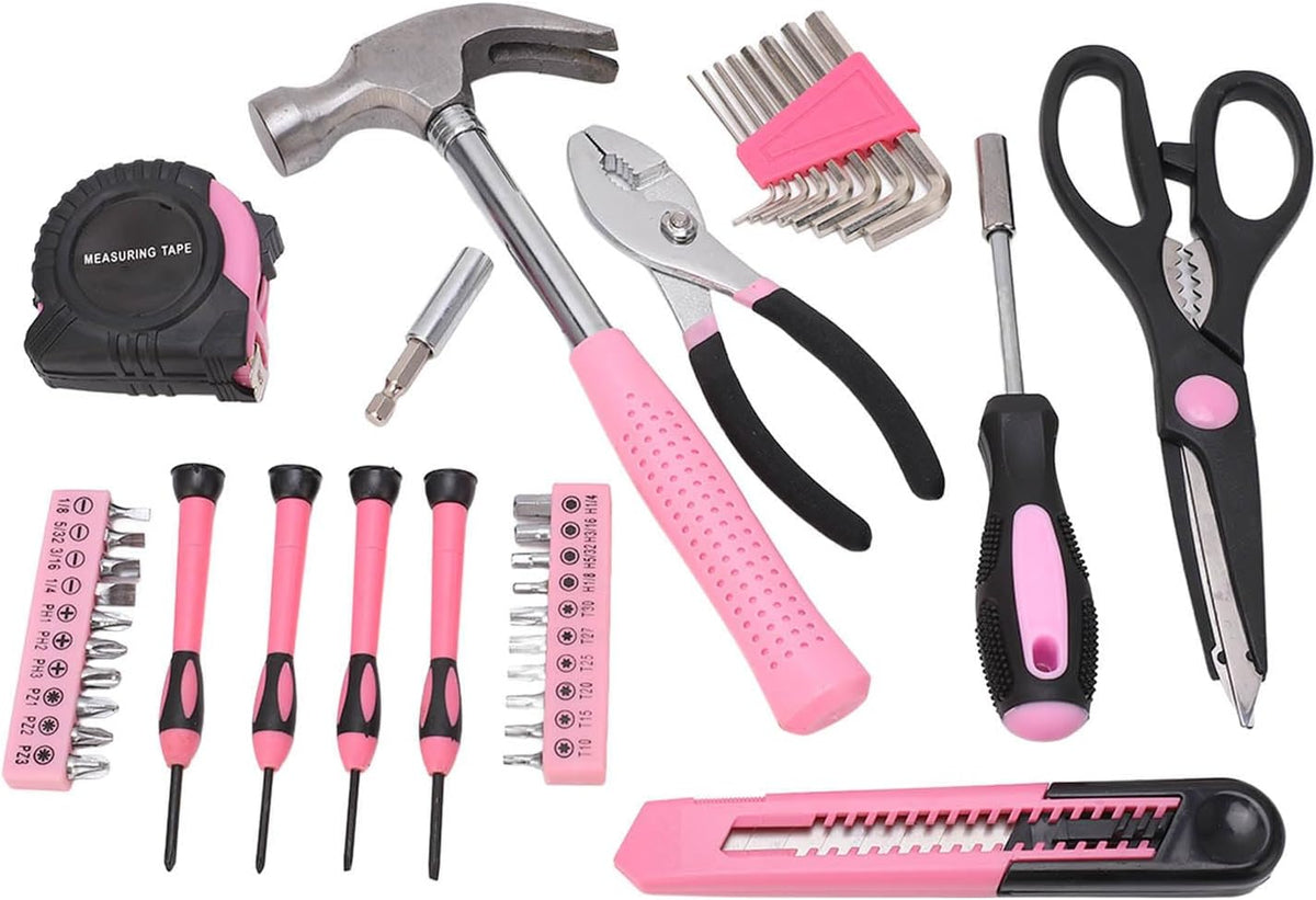 39 Piece Household Tool Kit for Maintenance and Repair - Pink and Black Hand Tool Set Including Claw Hammer Screwdriver Hex Wrench Pliers Tape Measure and Utility Knife with