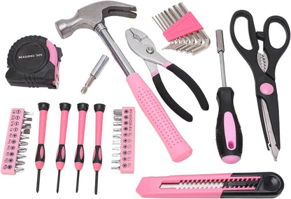 39 Piece Household Tool Kit for Maintenance and Repair - Pink and Black Hand Tool Set Including Claw Hammer Screwdriver Hex Wrench Pliers Tape Measure and Utility Knife with