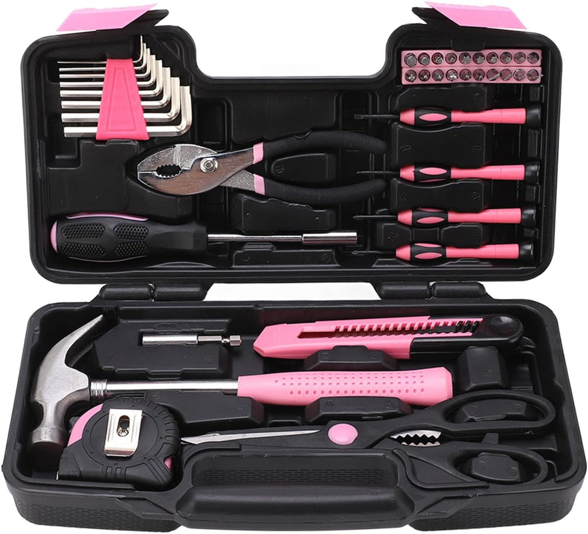 39 Piece Household Tool Kit for Maintenance and Repair - Pink and Black Hand Tool Set Including Claw Hammer Screwdriver Hex Wrench Pliers Tape Measure and Utility Knife with