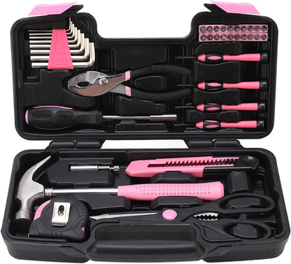 39 Piece Household Tool Kit for Maintenance and Repair - Pink and Black Hand Tool Set Including Claw Hammer Screwdriver Hex Wrench Pliers Tape Measure and Utility Knife with