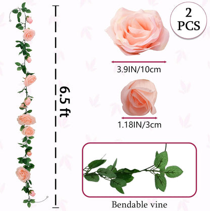 2 Pack Pink Flower Garland Each 6.5FT Artificial Rose Vines