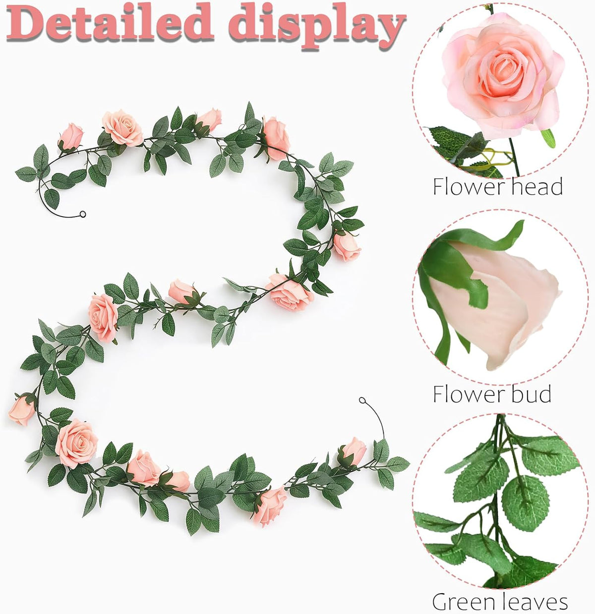 2 Pack Pink Flower Garland Each 6.5FT Artificial Rose Vines