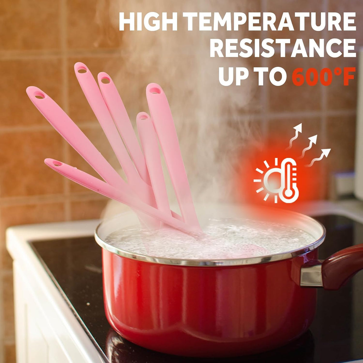 Silicone Spatula Set, 6 PCS Non-Stick Kitchen Utensil Set, Heat Resistant Up to 600°F Kitchen Cooking and Serving Utensils Pink