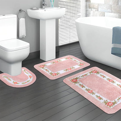 Rose Bathroom Rugs Sets 3 Piece,Flower Bath Carpet, Soft Absorbent