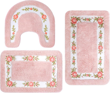 Rose Bathroom Rugs Sets 3 Piece,Flower Bath Carpet, Soft Absorbent