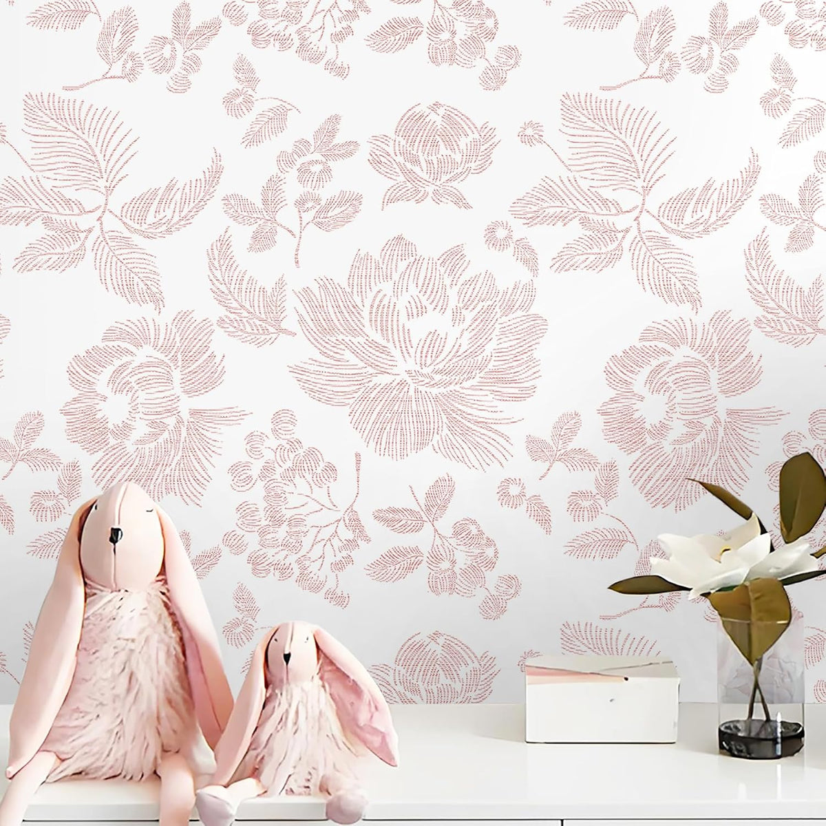 Floral Peel and Stick Wallpaper Pink and White Contact Paper Modern Wall Paper Self Adhesive Farmhouse Removable Wallpaper for Bedroom Bathroom Vinyl Roll 17.3"x 78.7"