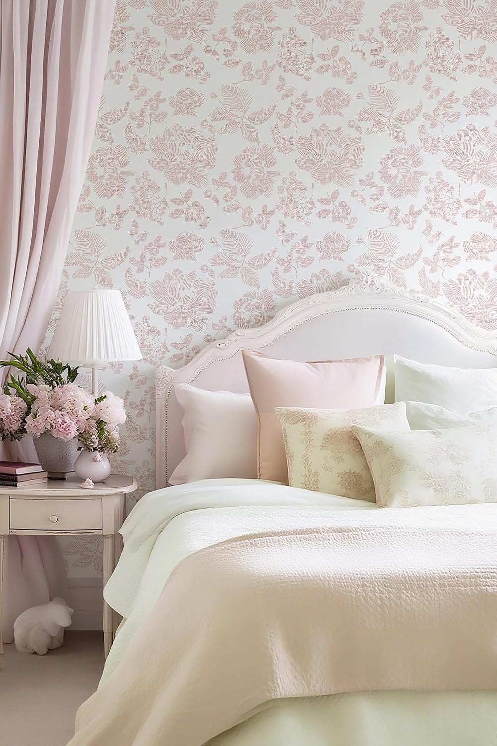 Floral Peel and Stick Wallpaper Pink and White Contact Paper Modern Wall Paper Self Adhesive Farmhouse Removable Wallpaper for Bedroom Bathroom Vinyl Roll 17.3"x 78.7"