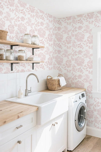 Floral Peel and Stick Wallpaper Pink and White Contact Paper Modern Wall Paper Self Adhesive Farmhouse Removable Wallpaper for Bedroom Bathroom Vinyl Roll 17.3"x 78.7"