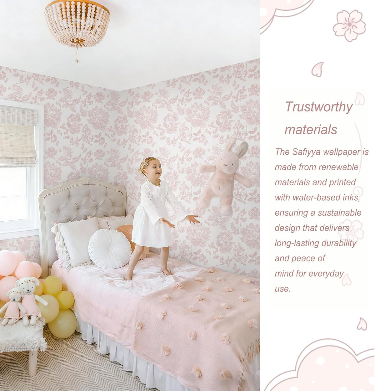 Floral Peel and Stick Wallpaper Pink and White Contact Paper Modern Wall Paper Self Adhesive Farmhouse Removable Wallpaper for Bedroom Bathroom Vinyl Roll 17.3"x 78.7"