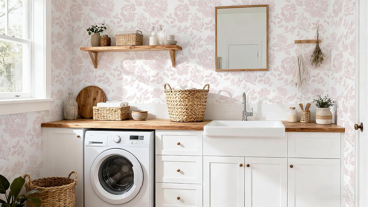 Floral Peel and Stick Wallpaper Pink and White Contact Paper Modern Wall Paper Self Adhesive Farmhouse Removable Wallpaper for Bedroom Bathroom Vinyl Roll 17.3"x 78.7"