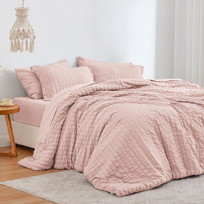 Seersucker Pink King Size Comforter Set, 7-Piece All Season Lightweight Bed in a Bag Bedding Set with Comforter, Flat Sheet, Fitted Sheet, Pillowcases and Shams
