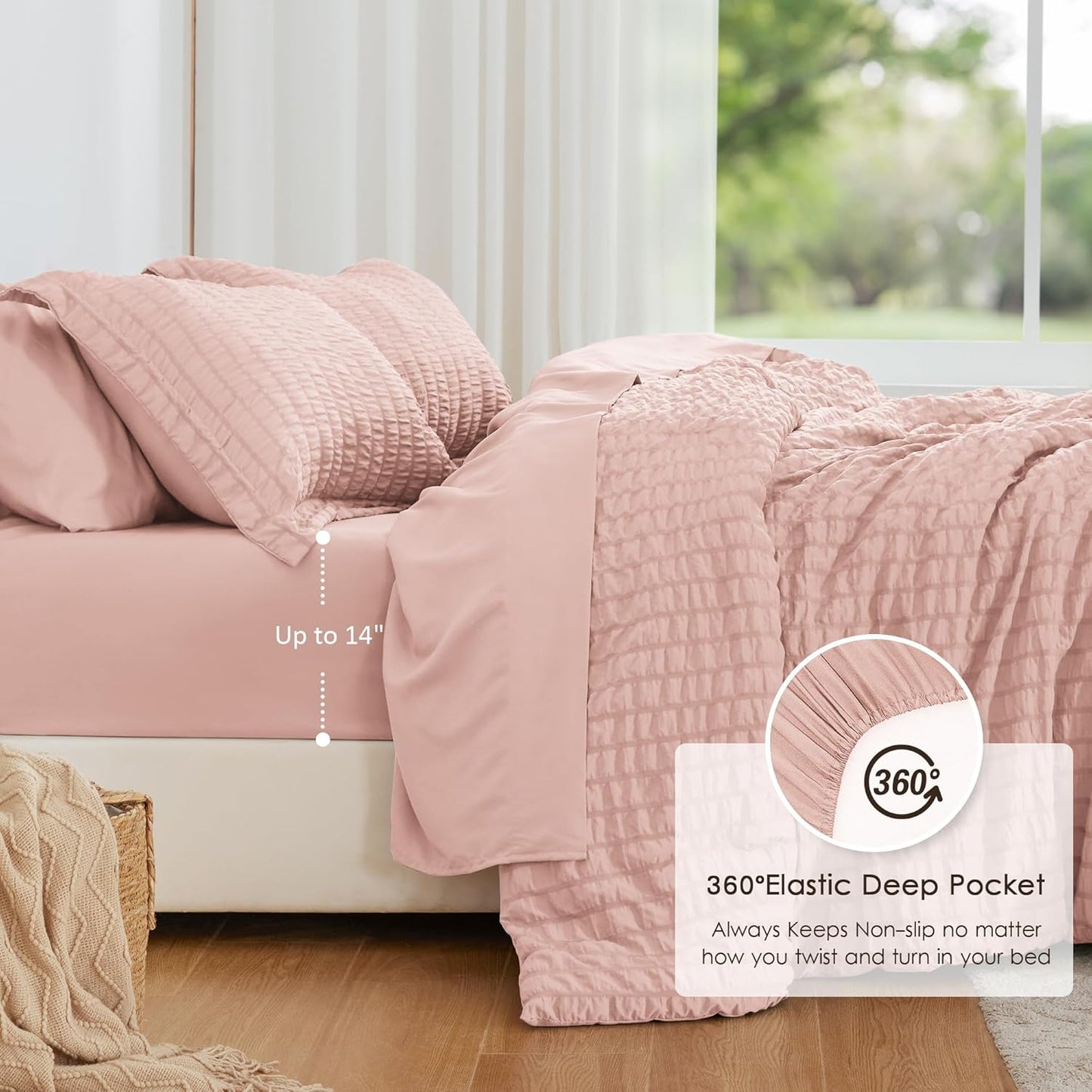 Seersucker Pink King Size Comforter Set, 7-Piece All Season Lightweight Bed in a Bag Bedding Set with Comforter, Flat Sheet, Fitted Sheet, Pillowcases and Shams