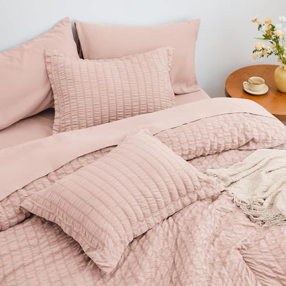 Seersucker Pink King Size Comforter Set, 7-Piece All Season Lightweight Bed in a Bag Bedding Set with Comforter, Flat Sheet, Fitted Sheet, Pillowcases and Shams